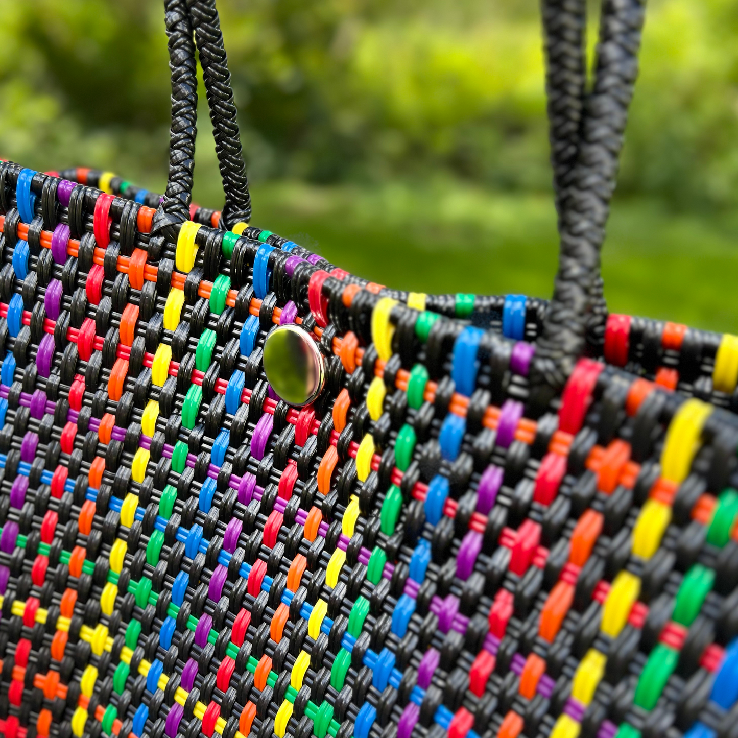 Rainbow and Black Handwoven Mexican Tote Bag by Colibri y Barro