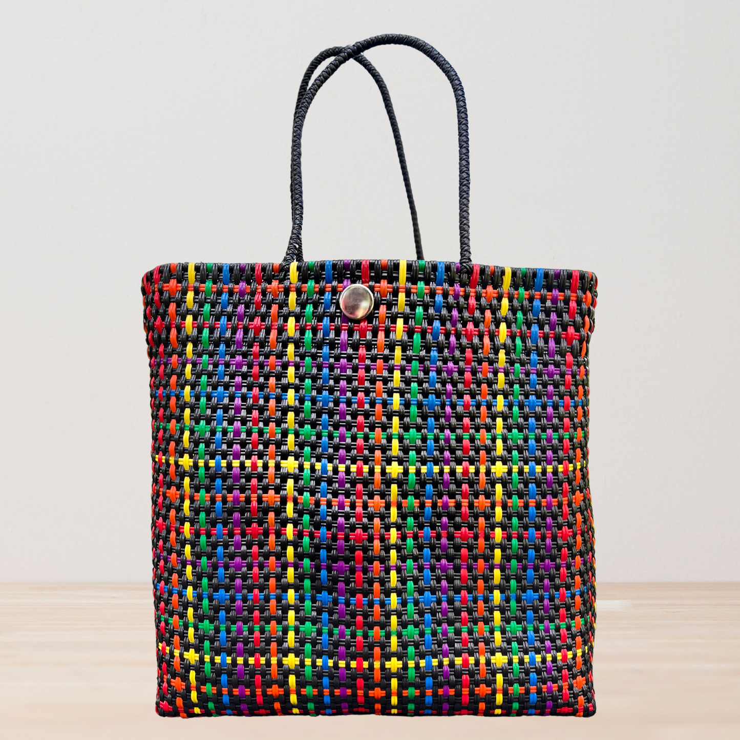 Rainbow and Black Handwoven Mexican Tote Bag by Colibri y Barro
