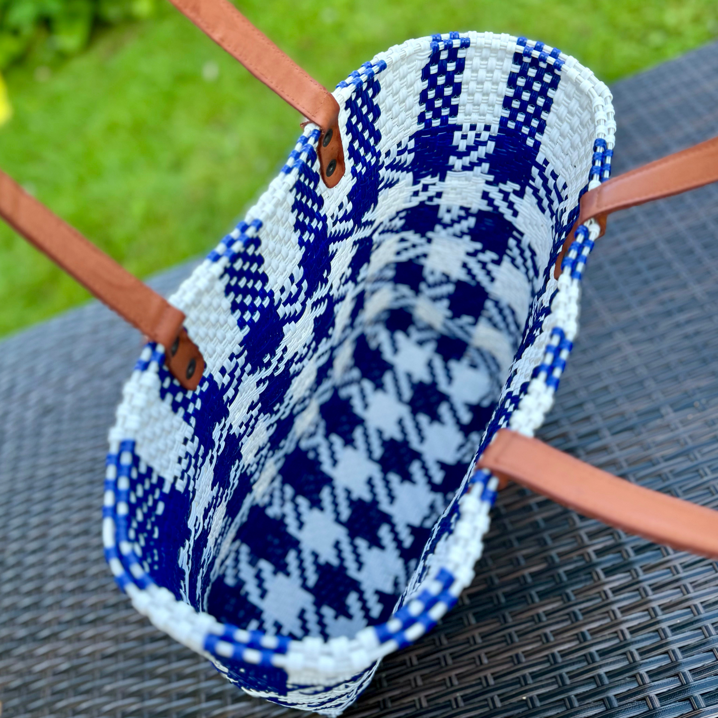 Navy and White houndstooth pattern Mexican Tote Bag with leather handles by Colibri y Barro