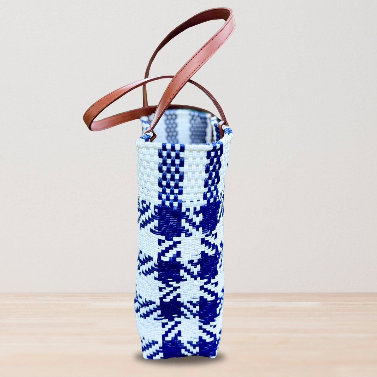 Navy and White houndstooth pattern Mexican Tote Bag with leather handles by Colibri y Barro
