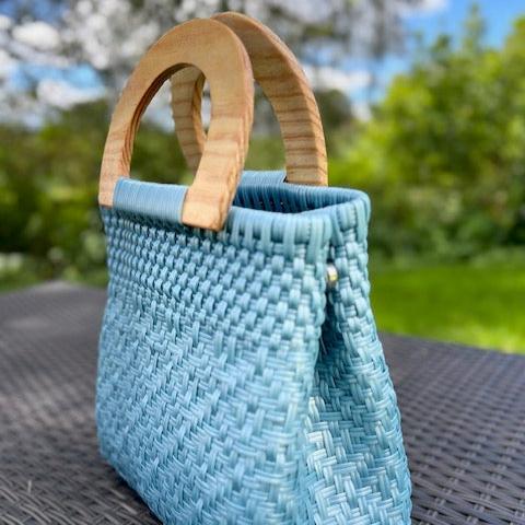 Light Blue Wooden Handle Handwoven Mexican Handbag by Colibri y Barro