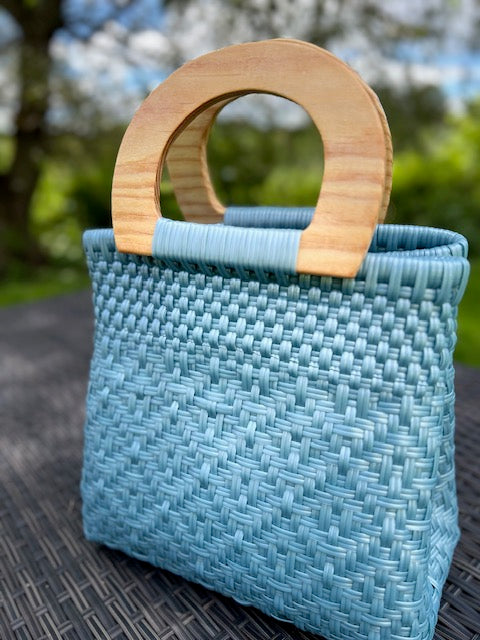 Light Blue Wooden Handle Handwoven Mexican Handbag by Colibri y Barro
