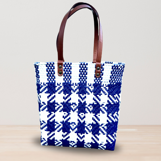 Navy and White houndstooth pattern Mexican Tote Bag with leather handles by Colibri y Barro