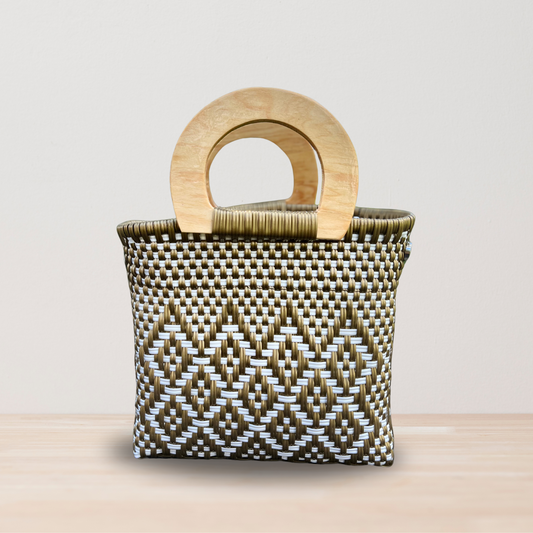 White and Gold Wooden Handle Handwoven Mexican Handbag by Colibri y Barro