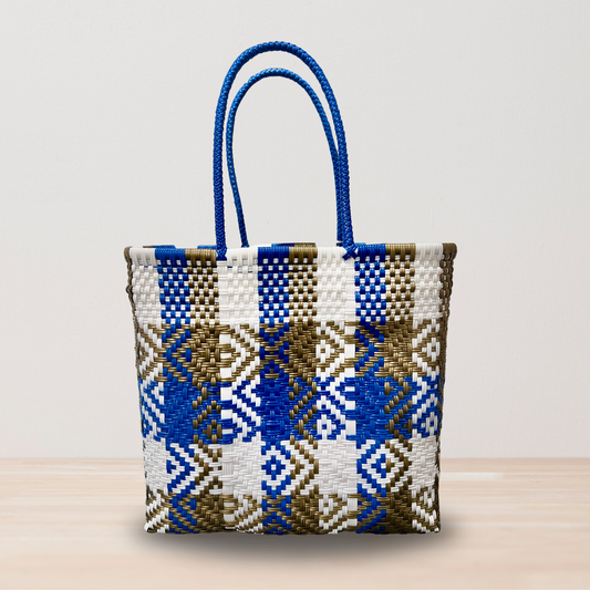 White and Blue Handwoven Tote Bag by Colibri y Barro